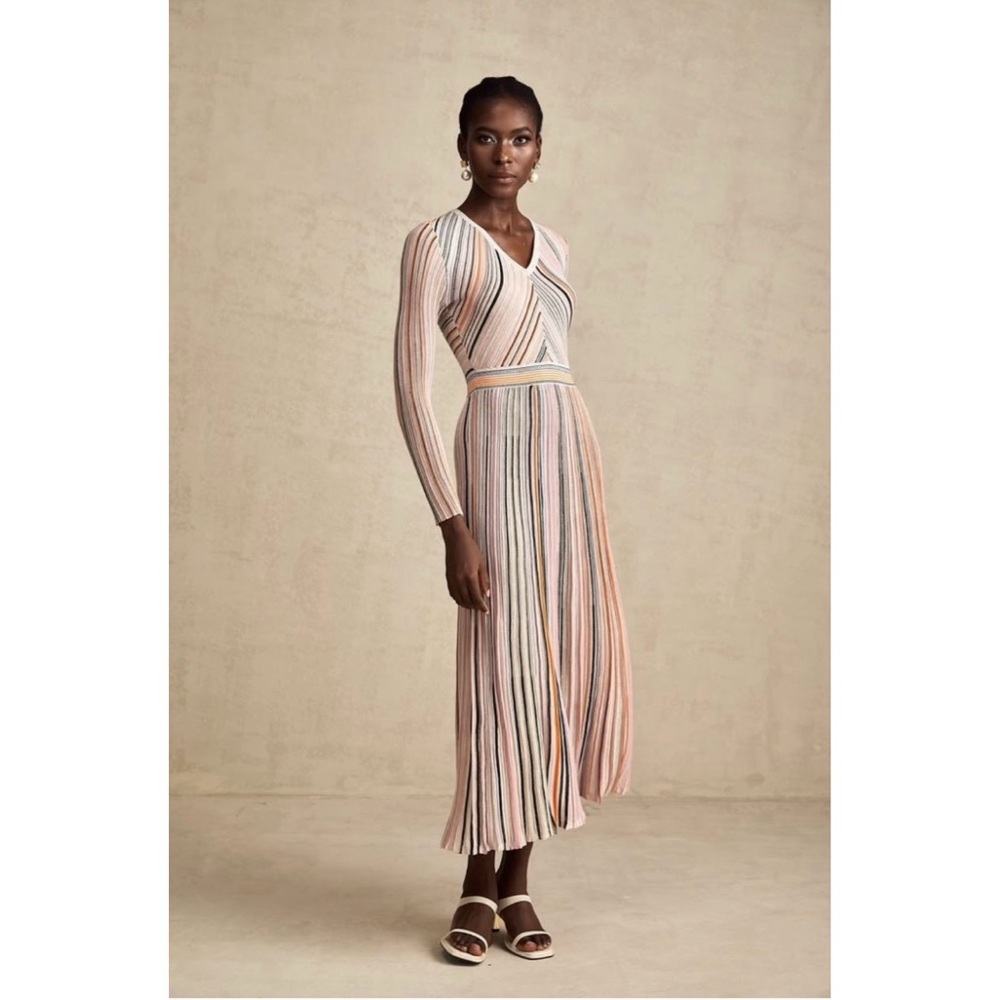 Miss Rosier Long Sleeve Pink Striped Ribbed Pleated Maxi Dress Small 4